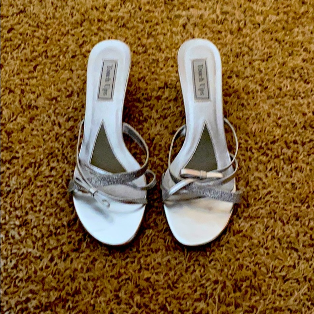 Silver glitter high heels. Flip flop style.